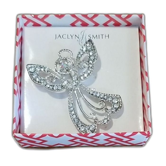Jaclyn Smith Silver Angel Pin Brooch Sparkling Crystals Nib Vintage Angelcore